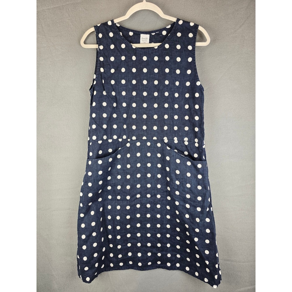 Frockk Women XS Blue Polka Dot Linen A-Line Dress Coastal/European Summer